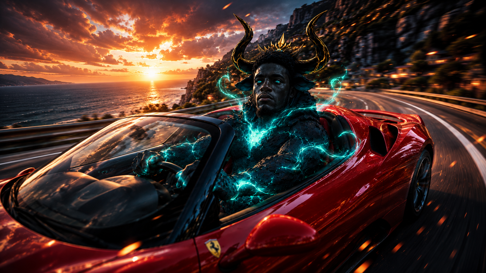 The Black Bull driving a red convertible along a coastal road at sunset