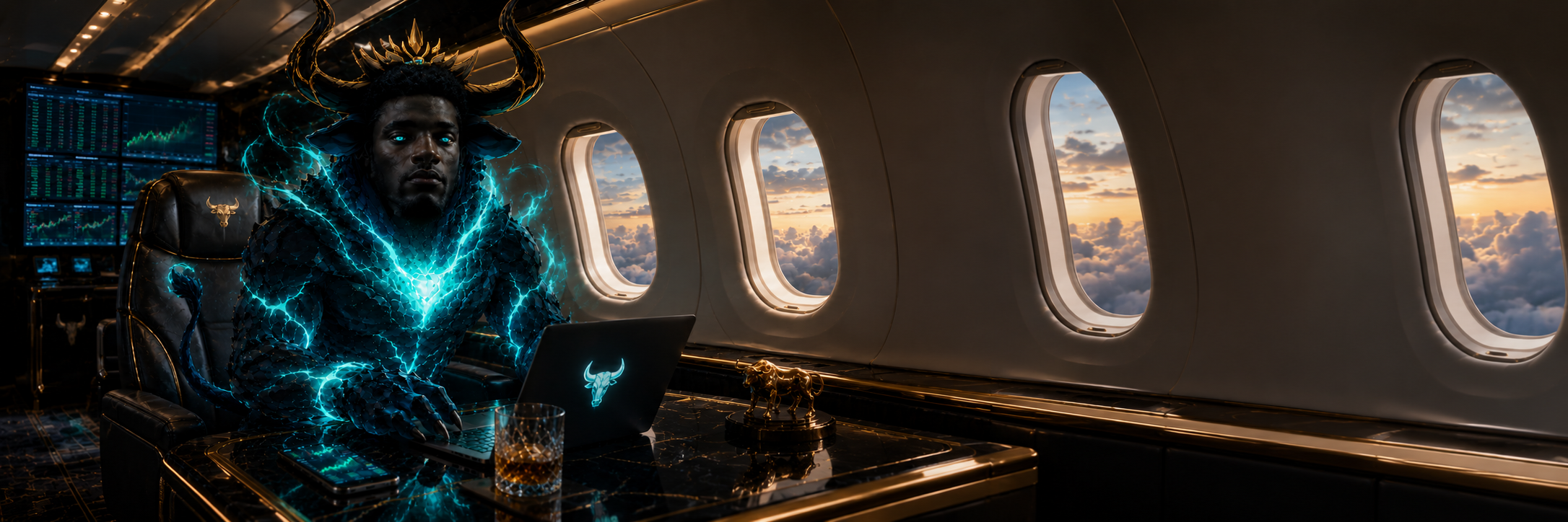 The Black Bull working aboard a private jet, wreathed in teal energy