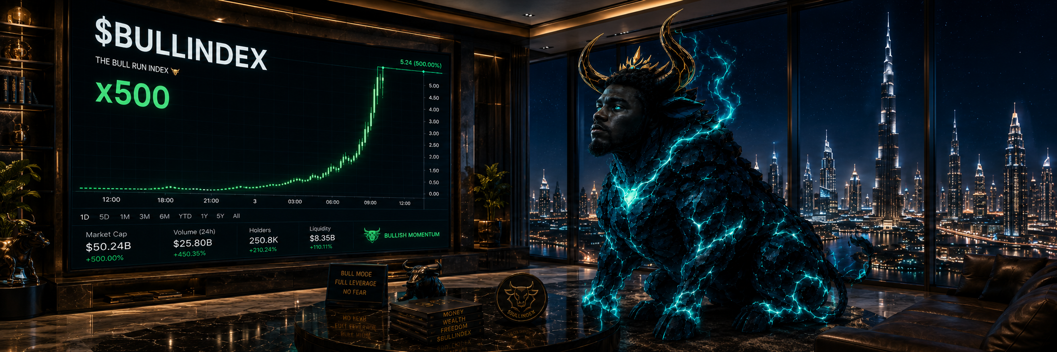 The Black Bull in a penthouse overlooking a glowing night skyline